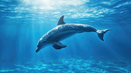 Obraz premium Dolphin Swimming Underwater in Blue Ocean with Sun Rays Shining Through