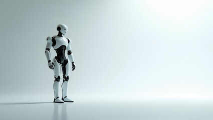 Fototapeta premium Explore a refined minimalist wallpaper design featuring humanoid robots, sleek digital graphics, and expansive empty space, symbolizing advanced AI integration.