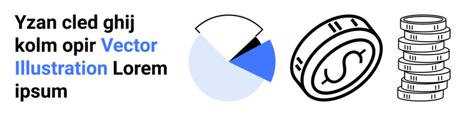 Sliced pie chart with blue section, coin stack, and single coin design. Ideal for finance, statistics, investment, savings, budgeting, accounting simple landing page