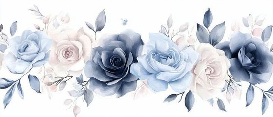 Romantic backdrop featuring pastel flowers in shades of blue, pink, and gray on a white background.