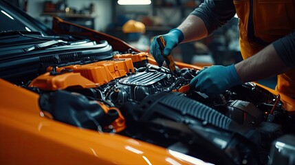 Mechanic performing engine maintenance on a vibrant orange sports car in a well-equipped garage