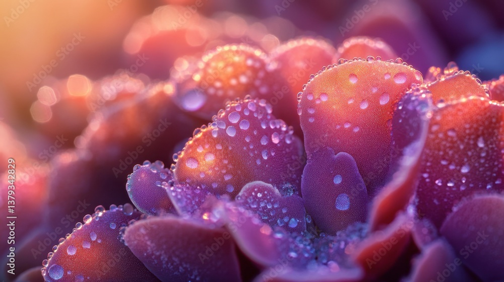 Poster close-up of colorful succulent with dew drops in soft light