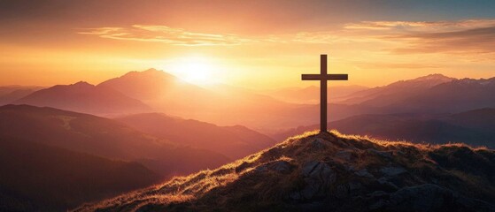 Peaceful evening landscape with a wooden cross in a mountain setting.