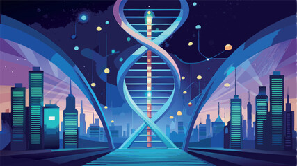 Image of dna strand over landscape. global connections, digital interface and technology concept digitally generated image.