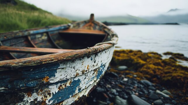 Weathered Boat on Rocky Shoreline