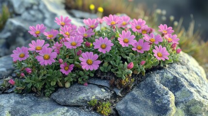 Pink Alpine Flowers Blooming on Rocks at Dawn