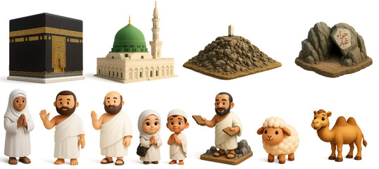 3D mockup hajj worship characters and places, miniatures, symbols, isolated