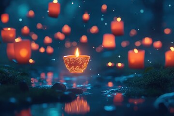 Floating Candles Night Water Ceremony Illustration