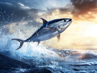 Fototapeta premium Tuna Fish Jumping Out of Ocean Water During Sunrise with Splashes