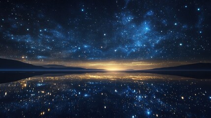 Naklejka premium Starry Night Sky Reflecting on a Calm Lake