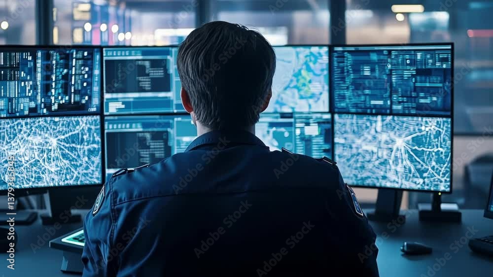 Aufkleber security professional monitoring multiple computer screens in a dark control room, analyzing network