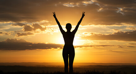 Silhouette of Woman Raising Arms Against Dramatic Golden Sunset Sky Landscape