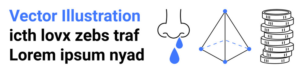 Nose with blue drop, pyramid-shaped geometric figure, stack of coins. Ideal for healthcare, geometry, finance, education, technology, diagrams simple landing page