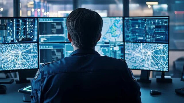 Security professional monitoring multiple computer screens in a dark control room, analyzing network analytics and code to ensure system safety and integrity