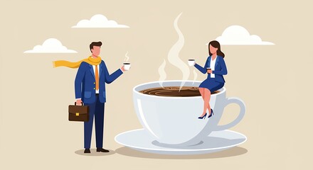 Business people with coffee enjoying break near giant cup of coffee
