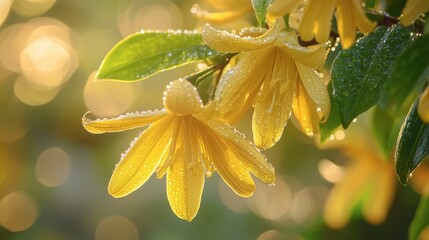 Fototapeta premium Yellow Flowers with Dew Drop Accents Glowing in Morning Light
