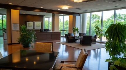 Modern Office Interior with Comfortable Seating and Lush Greenery in Bright Light