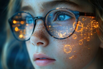 Girl with glasses, freckles, digital overlay reflecting in the lenses