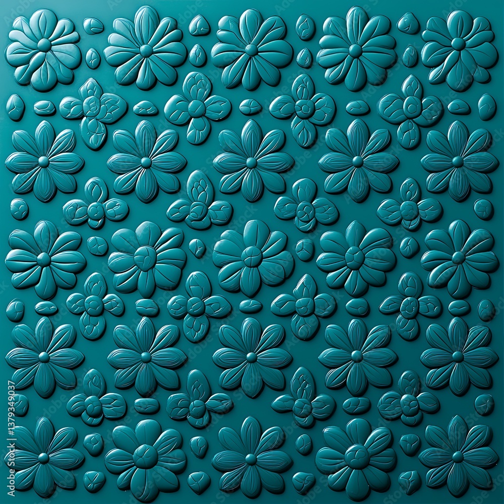 Poster textured floral pattern in teal color with three-dimensional flower design