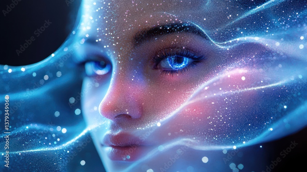 Poster digital face recognition technology concept with cyberpunk aesthetic and data network
