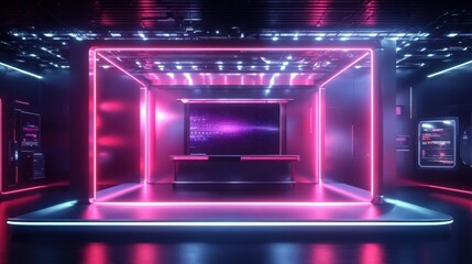 Obraz premium Futuristic Neon Display Booth Interior Design