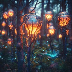 Naklejka premium Enchanted forest with glowing lanterns and ethereal creature in magical night scene