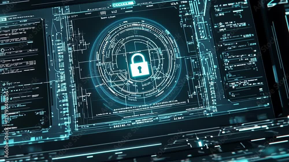 Aufkleber complex digital interface showcasing a prominent lock icon amidst data streams and code, symbolizing
