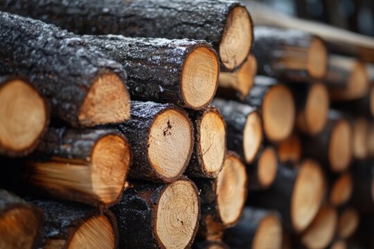 Stacked logs of cut wood arranged neatly in the forest