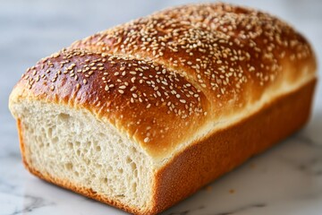 Freshly baked loaf of golden brown bread on wooden table
