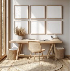 Minimalist Scandinavian Nursery Interior with Wooden Desk White Wall and Picture Frames