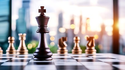 Chess game in progress with a focus on the king piece against a vibrant city skyline backdrop