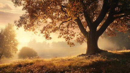 Fototapeta premium Sunlight shining through autumn forest tree