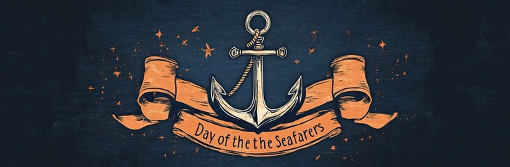 Vintage nautical design featuring an anchor with ribbons celebrating the Day of the Seafarers