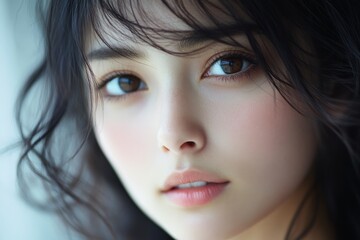 Fototapeta premium Portrait of a young woman with soft makeup and natural lighting
