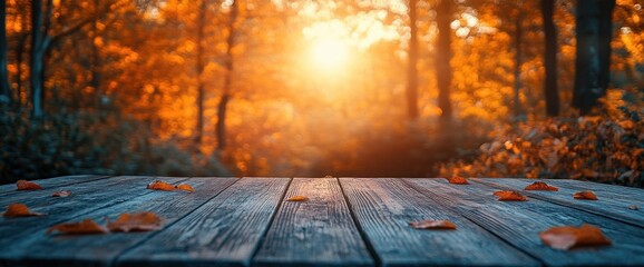 Wooden Table for Product Display with Blurred Green Garden Background and Bokeh Light in Nature