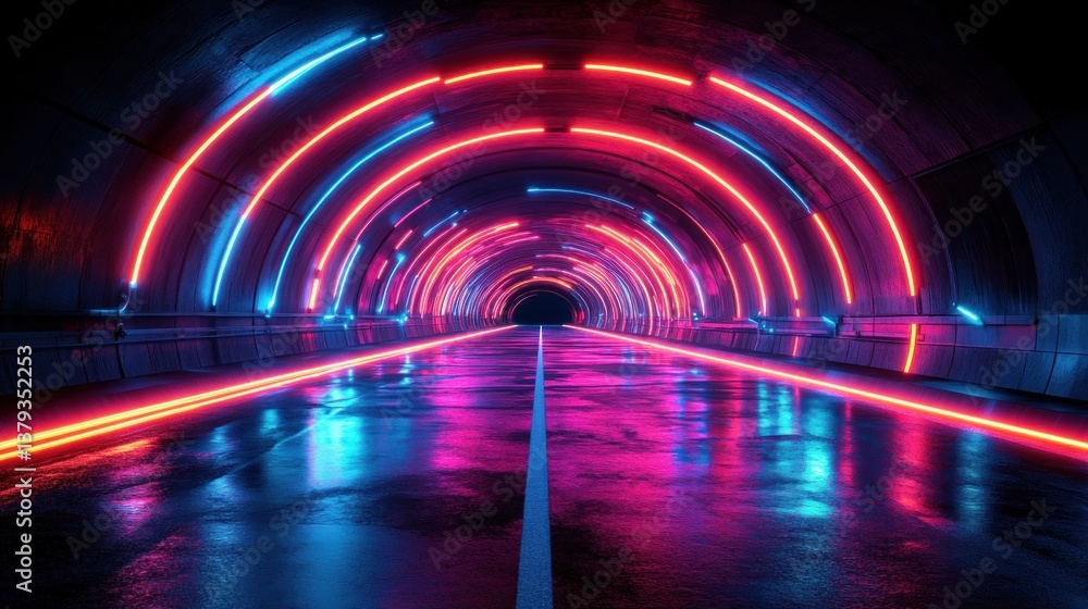 Aufkleber futuristic digital tunnel with glowing neon lines in cyberpunk art style and dynamic depth perspecti