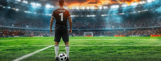 Soccer Player Holding Ball in Stadium with Number 1 Jersey Under Dramatic Lighting