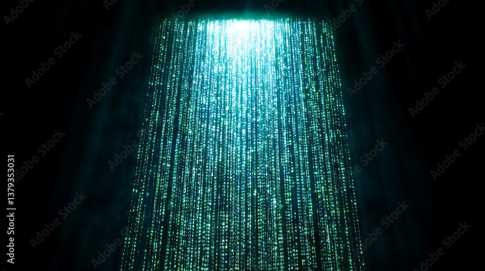 Aufkleber flowing digital rain of glowing green binary numbers in dark background