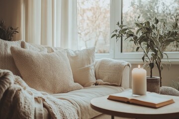 Fototapeta premium Cozy living room with neutral tones beige sofa and modern minimal decor