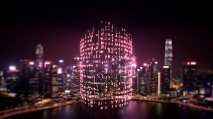 Obraz premium Digital face composed of binary codes and illuminated city skyline in background