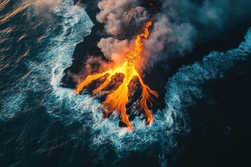 Molten Lava Flowing into Ocean