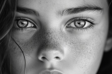 Black and white portrait of a young woman with intense gaze
