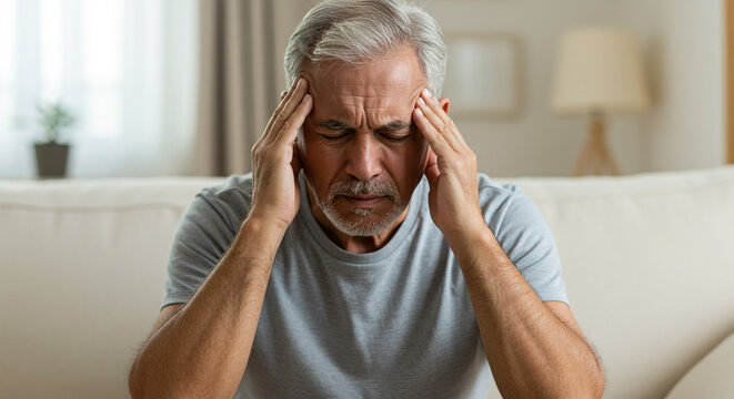 An elderly man experiencing intense head pain, sitting on a beige couch, his hands gently caressing his temples in quiet suffering, a neutral background highlighting his distress.