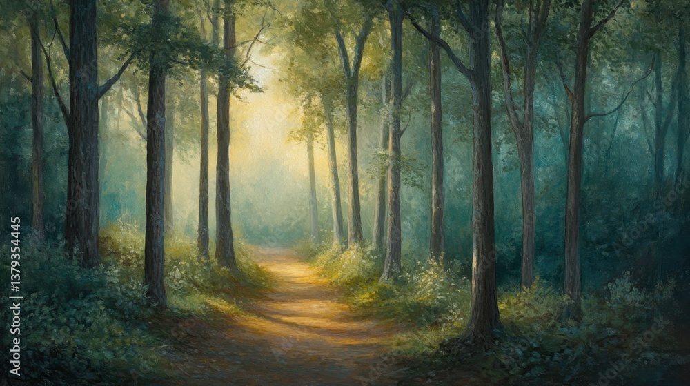 Poster serene forest pathway with gentle light filtering through trees