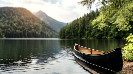 Tranquil Canoe by Serene Lake Surrounded by Lush Forest and Majestic Mountains
