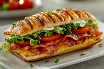 Close up of a fresh sandwich with lettuce tomato bacon and melted cheese on wooden table