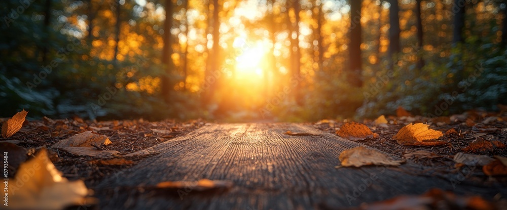 Poster wooden table for display in blurred green garden background with bokeh light for spring and summer