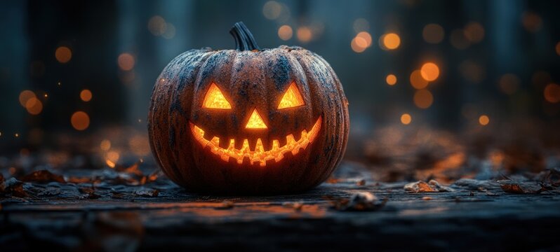 Spooky Halloween Pumpkin Lantern with Glowing Face on Wooden Table at Night with Dark Blue Background - Powered by Adobe