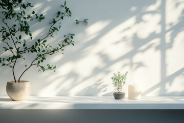 Minimalistic interior with potted plant and shadows on white wall