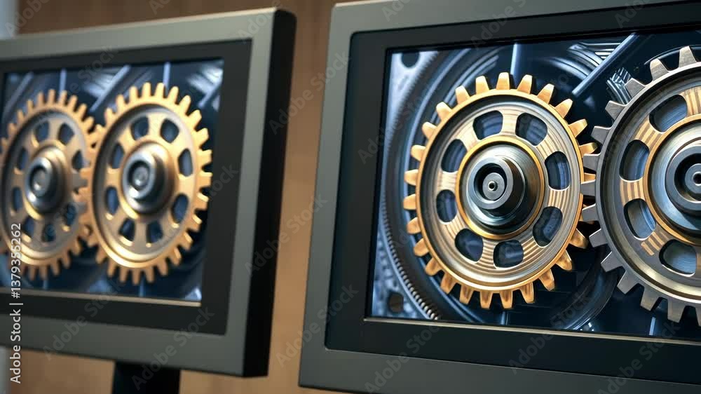 Poster innovative engineering process showcases intricate gears and machinery design, highlighting mechanic